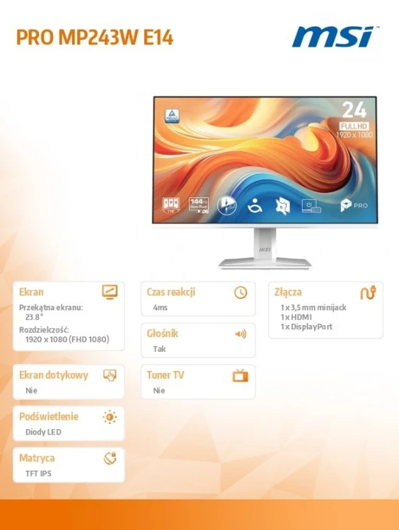 MSI Monitor PRO MP243W E14 23.8 cala LED/FHD/FLAT/144Hz/biały