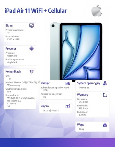 Apple iPad Air 11 cali WiFi + Cellular 1TB Niebieski
