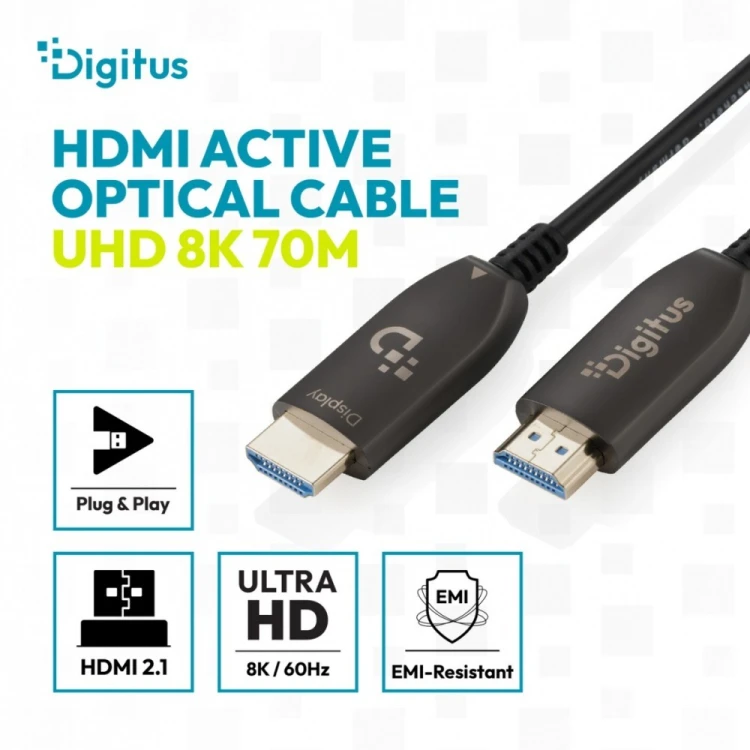 Digitus Kabel połączeniowy hybrydowy HDMI AOC | HDMI-A męski-męski | HDMI 2.1 | UHD-2 8K@60Hz | 48Gbps |HDR, eARC, HDCP 2.2, CEC | 70m