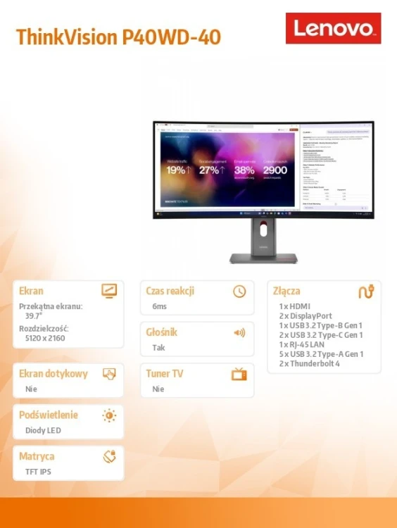 Lenovo Monitor 39.7 cala ThinkVision P40WD-40 64B4YAT1EU