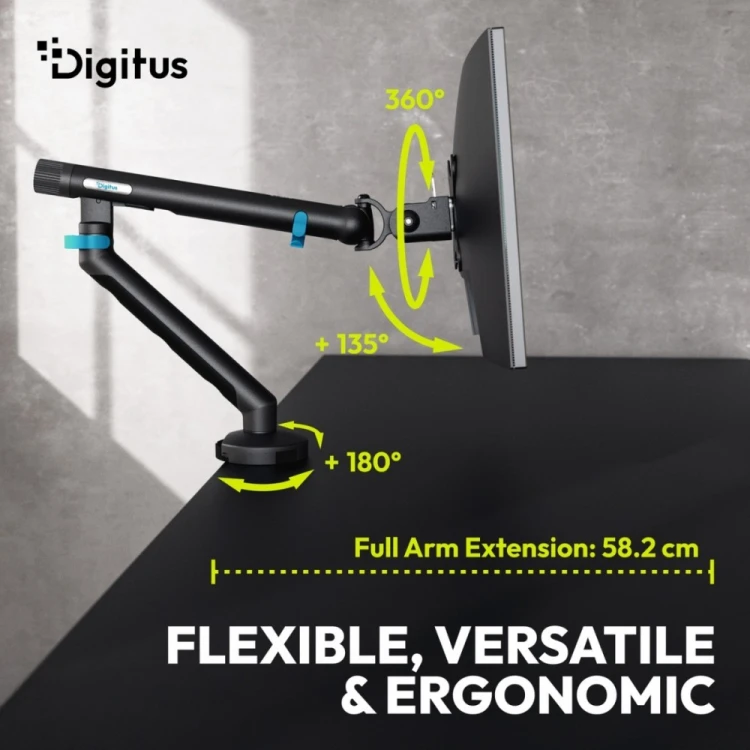 Digitus Ramię biurkowe pojedyncze z zaciskiem i sprężyną mechaniczną 1x LCD max. 35" 10kg, VESA: 75x75, 100x100, czarne