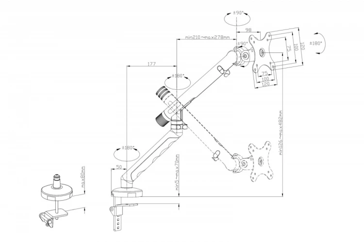 Digitus Ramię biurkowe pojedyncze z zaciskiem i sprężyną mechaniczną 1x LCD max. 35" 10kg, VESA: 75x75, 100x100, czarne