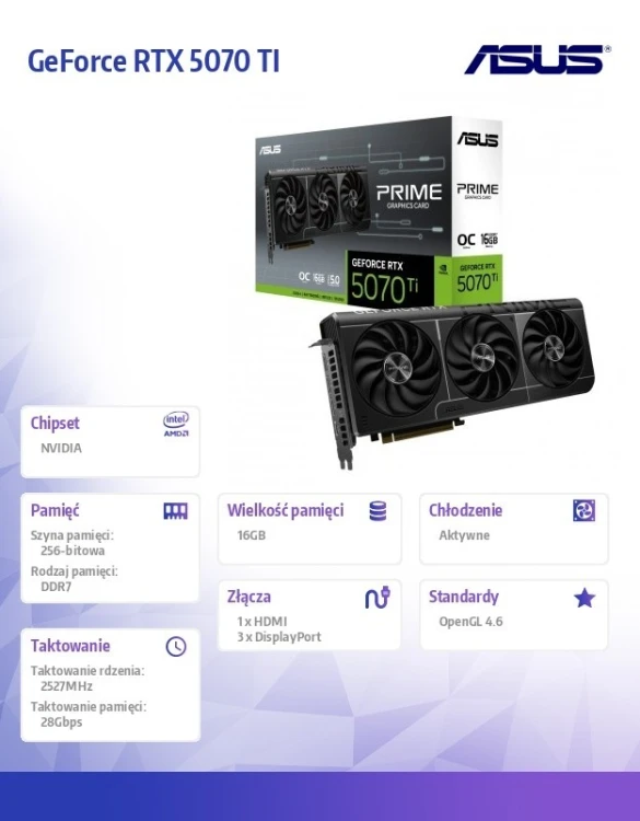Asus Karta graficzna GeForce RTX 5070 TI PRIME OC 16G B GDDR7 256bit DP/HDMI