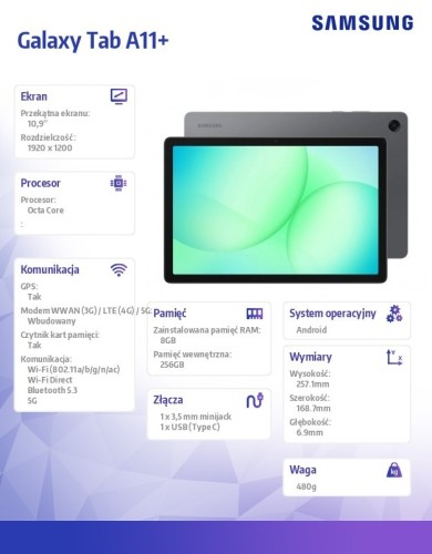 Samsung Tablet Galaxy Tab A11+ X236 10.9 cala 5G 8/256 GB Szary