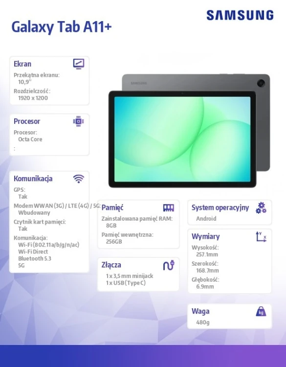 Samsung Tablet Galaxy Tab A11+ X236 10.9 cala 5G 8/256 GB Szary