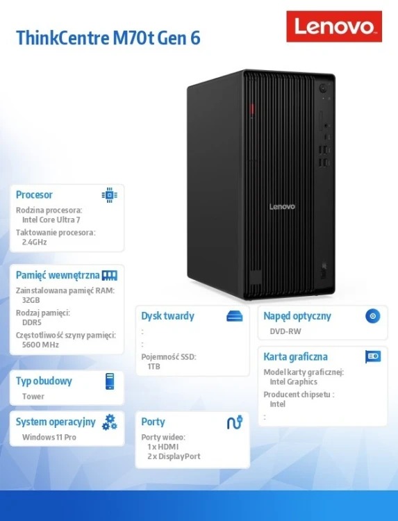 Lenovo Komputer ThinkCentre M70t G6 TOWER 12YH0020PB W11Pro Ultra7 265/2X16GB/512GB/INT/DVD/vPro/3YRS OS + 1YR PREMIER TC