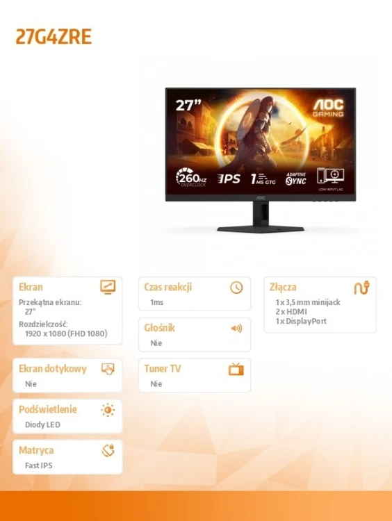 AOC Monitor 27 cali 27G4ZRE Fast IPS 240Hz HDMIx2 DP