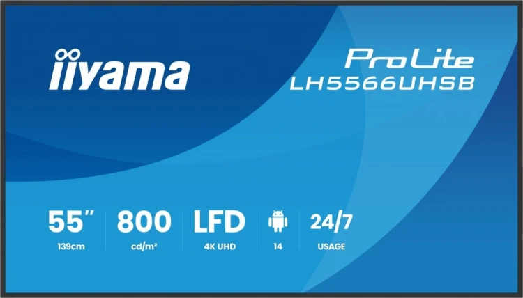 IIYAMA Monitor profesjonalny 55 cali LH5566UHSB-B1AG 4K, VA, A14, 800cd, 5000:1, 6,5ms,    2xHDMI, USB-C, RJ45, 2xUSB, 2x10W, WiFi, iiSignage2 4/32GB