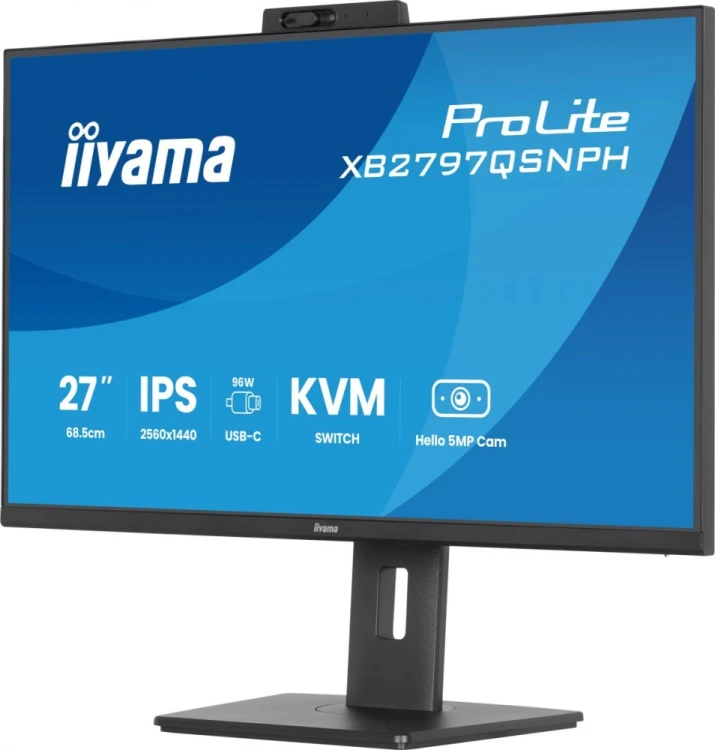IIYAMA Monitor 27 cali Prolite XB2797QSNPH-B1,IPS,QHD,CAM,MIC,HDMI, DP, 4xUSB,75Hz, USB-C DOCK  96W, RJ45,KVM, 2x2W, 5MP WINDOWS HELLO, HAS 150,  350C