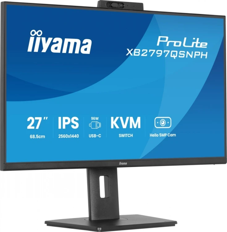 IIYAMA Monitor 27 cali Prolite XB2797QSNPH-B1,IPS,QHD,CAM,MIC,HDMI, DP, 4xUSB,75Hz, USB-C DOCK  96W, RJ45,KVM, 2x2W, 5MP WINDOWS HELLO, HAS 150,  350C