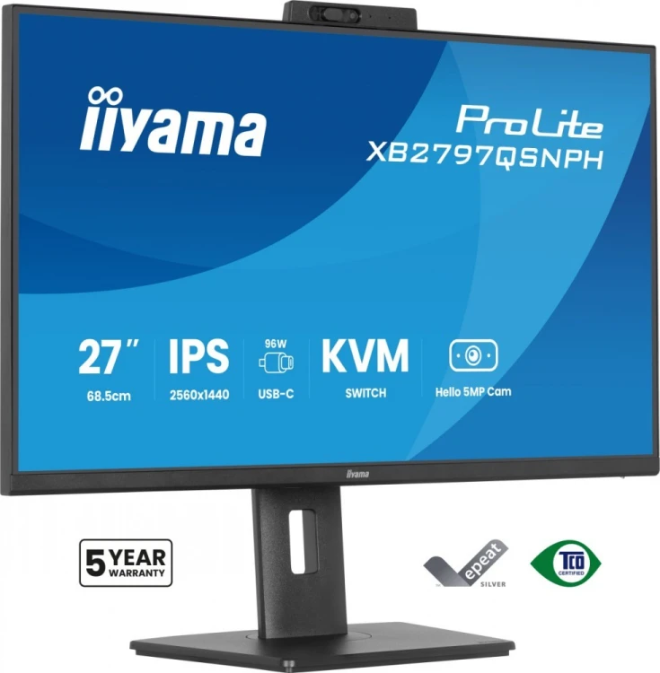 IIYAMA Monitor 27 cali Prolite XB2797QSNPH-B1,IPS,QHD,CAM,MIC,HDMI, DP, 4xUSB,75Hz, USB-C DOCK  96W, RJ45,KVM, 2x2W, 5MP WINDOWS HELLO, HAS 150,  350C