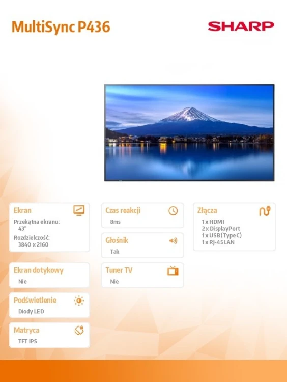 Sharp Monitor MultiSync P436 43 cale UHD 24/7 700cd/m2