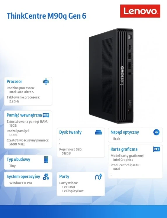 Lenovo Komputer ThinkCentre M90q Tiny G6 W11Pro Ultra 5 245T/16GB/512GB/INT/vPro/Black/3YRS OS + 1YR Premier