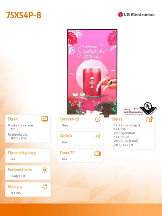 LG Electronics Monitor wielkoformatowy 75XS4P-B UHD 75 cali