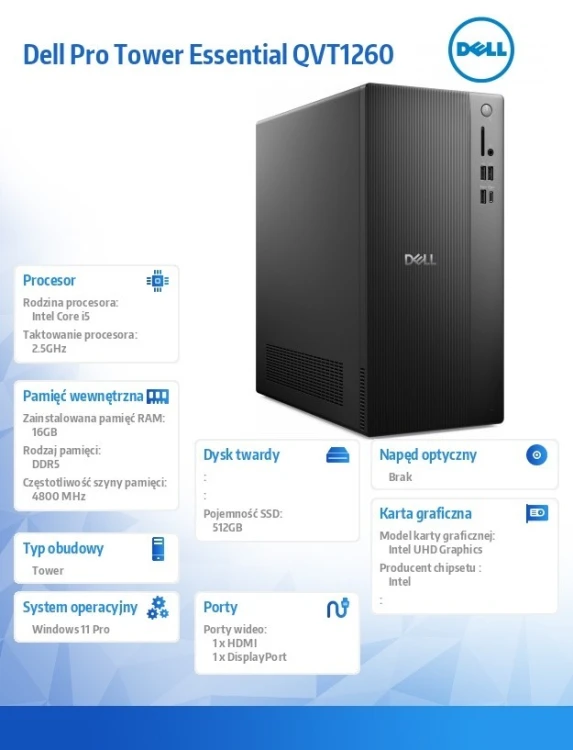 Dell Komputer Dell Pro Tower Essential QVT1260 Win11Pro i5-14400/16GB/512GB SSD/Intel UHD 730/WLAN+BT/Kb/Mouse/3YPS