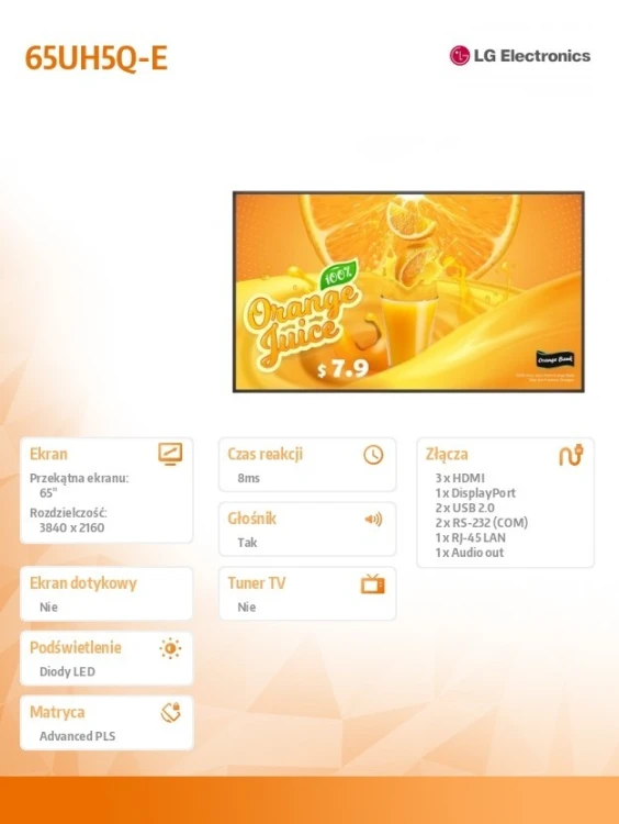 LG Electronics Monitor wielkoformatowy 65UH5Q-E 500cd/m2 UHD 24/7