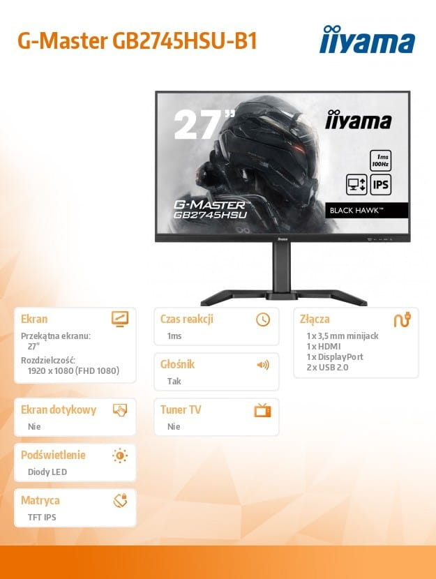 IIYAMA Monitor 27 cali G-Master GB2745HSU-B1 IPS,FHD,100Hz,1ms,2xUSB,HDMI,DP,2x2W,   FreeSync,HAS(150mm)