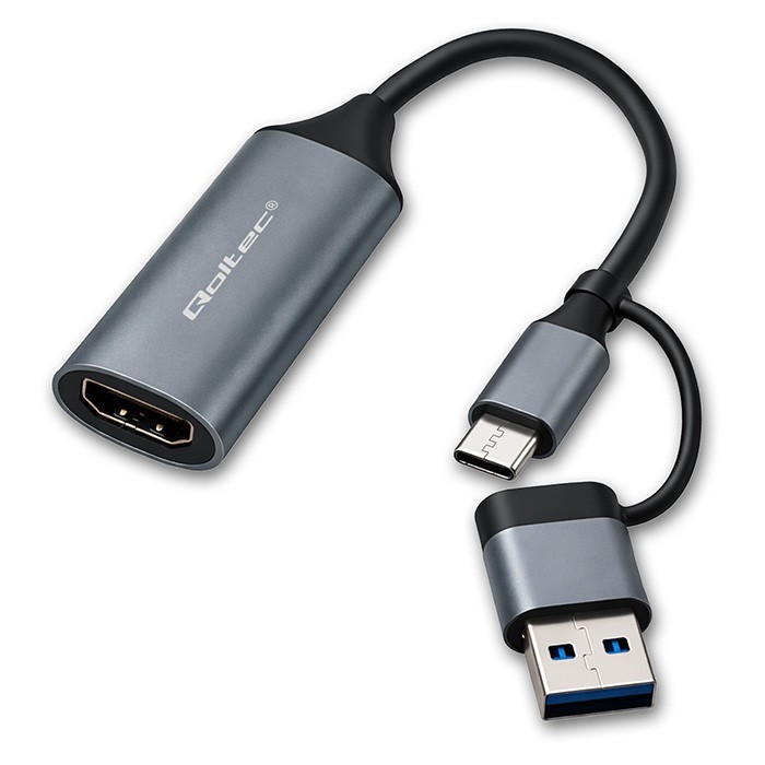 Qoltec Adapter USB-C USB-A | HDMI | 4K 30Hz | aluminium