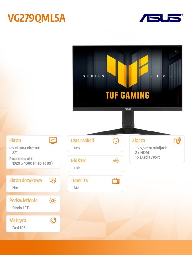 Asus Monitor 27 cali VG279QML5A IPS 240Hz 2HDMI DP