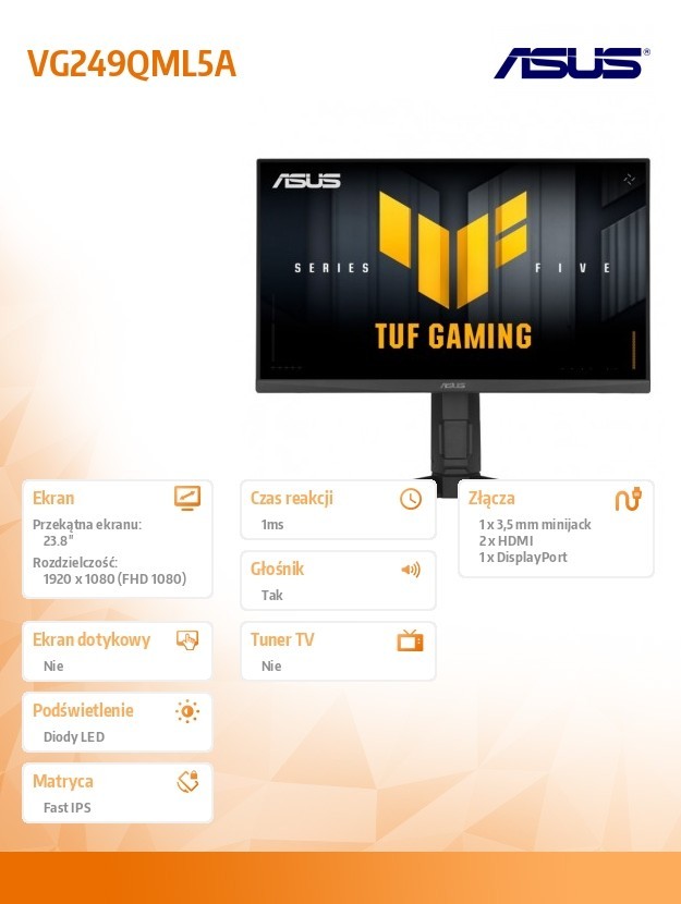 Asus Monitor 23.8 cala VG249QML5A IPS 240Hz HDMIx2 DP